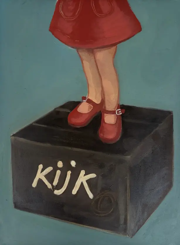Kijk, ik kan iets. 18x24 cm. Olie op houten paneeltje. Verkocht.