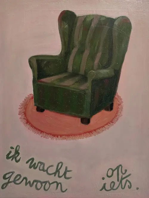 'Ik wacht gewoon op iets' 15 x 20 cm. Houten plankje. Verkocht.