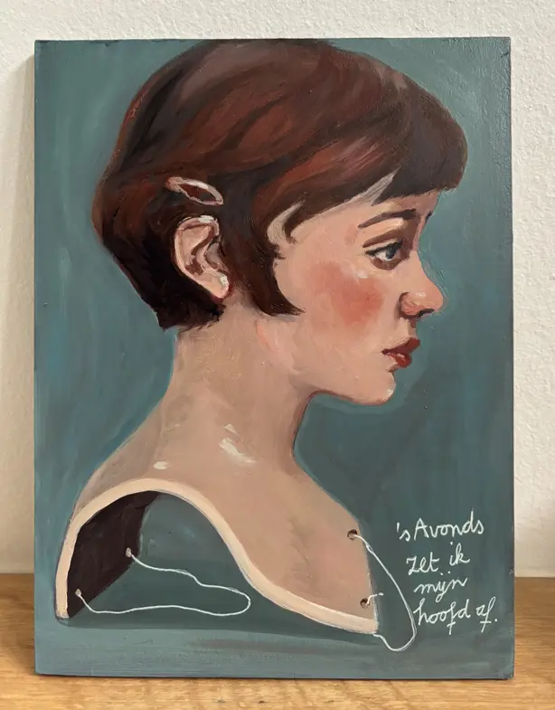 's Avonds zet ik mijn hoofd af' Olie op houten paneeltje. 18x24 cm. Verkocht;