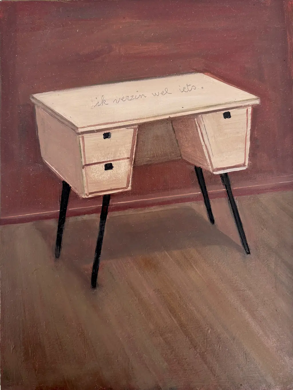 Ik verzin wel iets. (schrijftafeltje) 10 x 15 cm. Houten plankje. Verkocht.