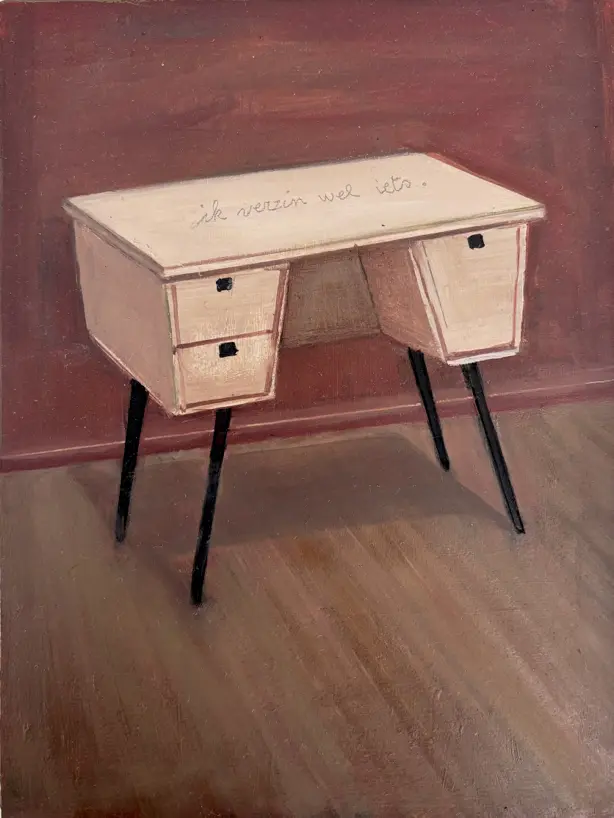 Ik verzin wel iets. (schrijftafeltje) 10 x 15 cm. Houten plankje. Verkocht.