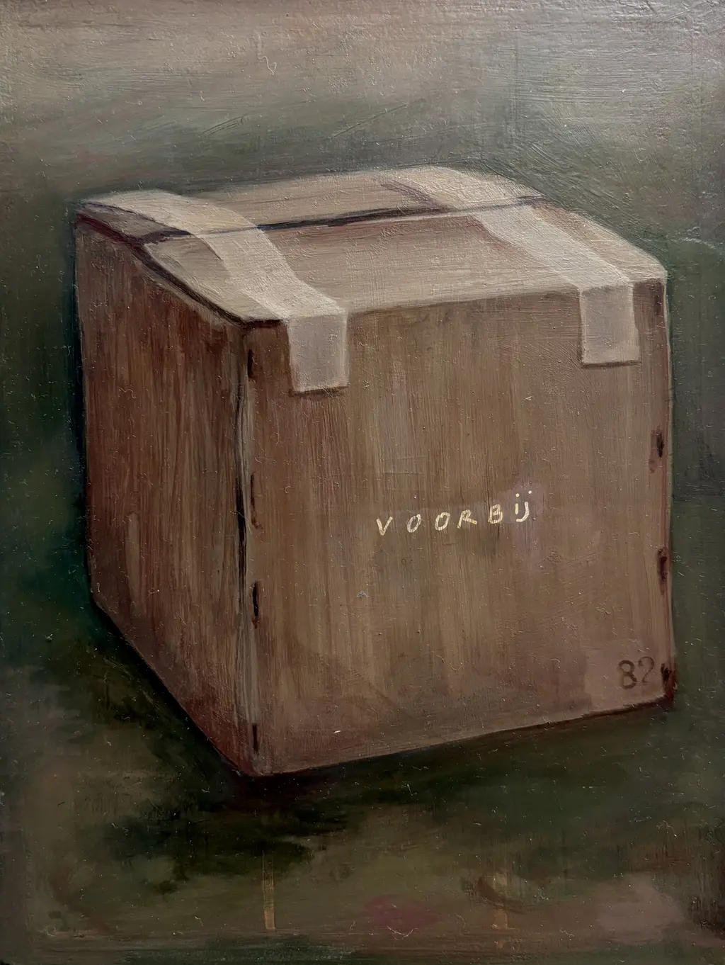 Voorbij (doos) 15x20 cm. Houten plankje. Verkocht.