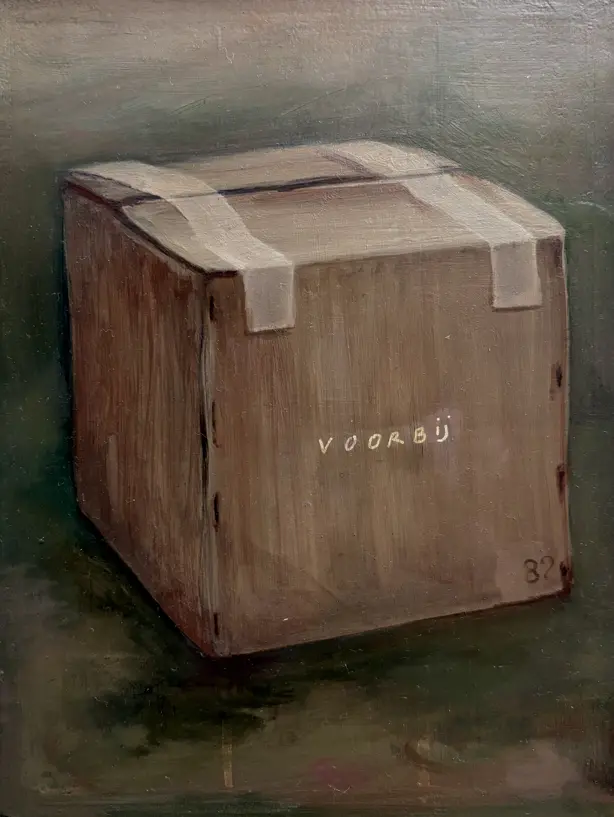 Voorbij (doos) 15x20 cm. Houten plankje. Verkocht.