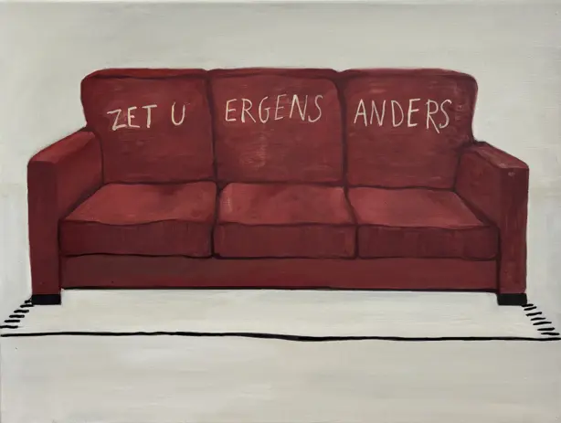 'Zet u ergens anders' 60x45 cm. Olie op doek. Verkocht.