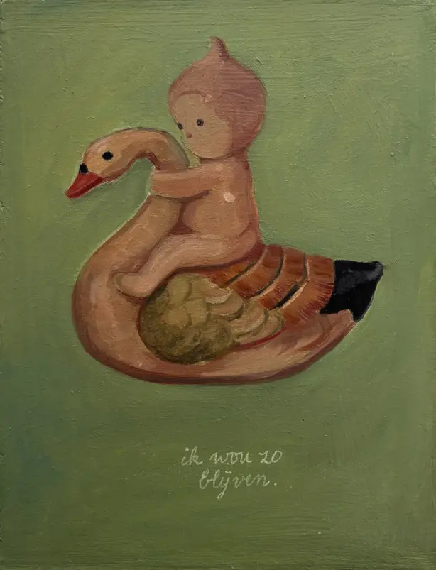 Ik wou zo blijven. 15x 20 cm. Olie op houten paneeltje.